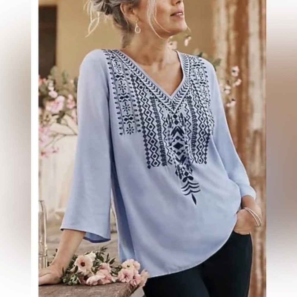 NWT J. Jill Lavender Embroidered Tribal Aztec V-Neck Tunic Top